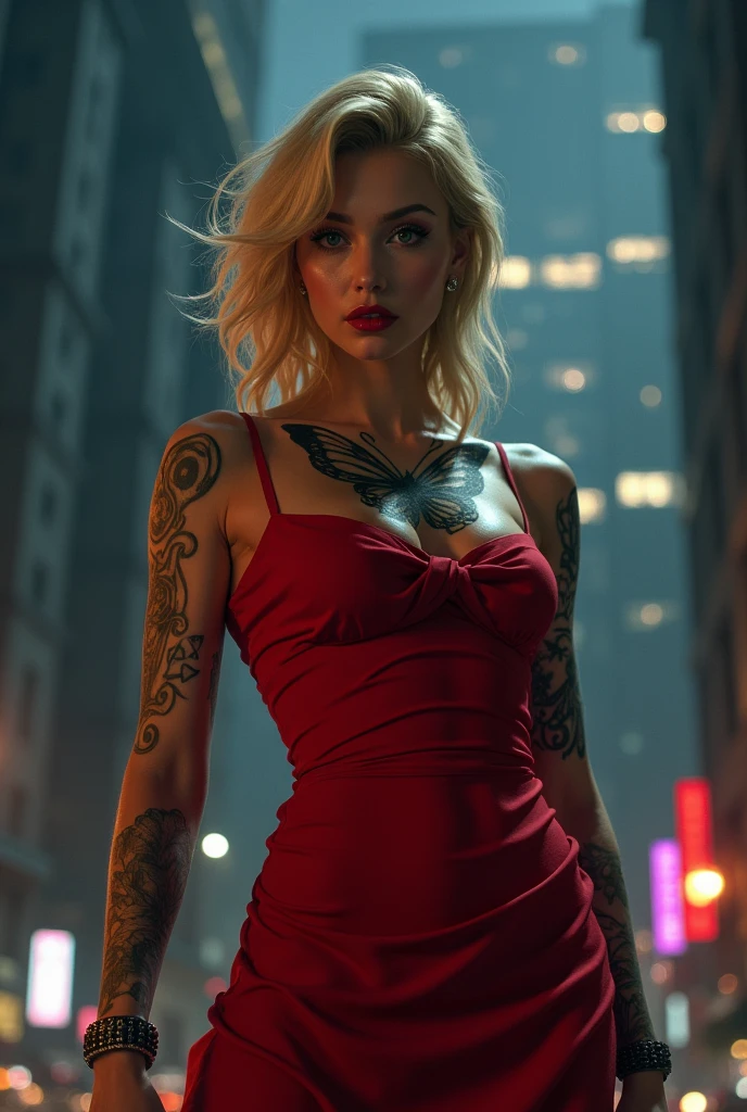 tall blonde woman, strong makeup red lipstick wearing red dress several tattoos on the body, a butterfly tattoo on the chest, buildings in the background, a night city
