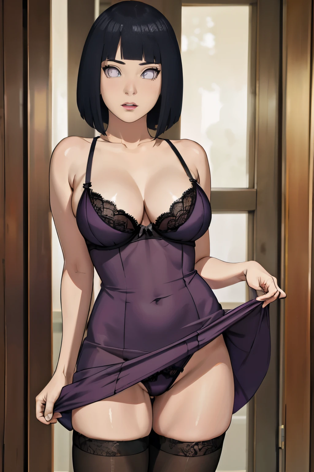 masterpiece, absurdres, hinatahyūga\(boruto\), 1girl, solo, female, dress lift, open chest dress, wearing sexy ds, lace bra detailed linjerie, thong detailed lenjerie, looking at viewelling petals), perfect composition, detailed lips, perfect breast, p skinny body, beautiful face, body propotion, blush, (pink lips), short hair,  purple eyes,  soft gaze, detailed, photoshoot, realistic face and body, thighhighs, provocative standing pose