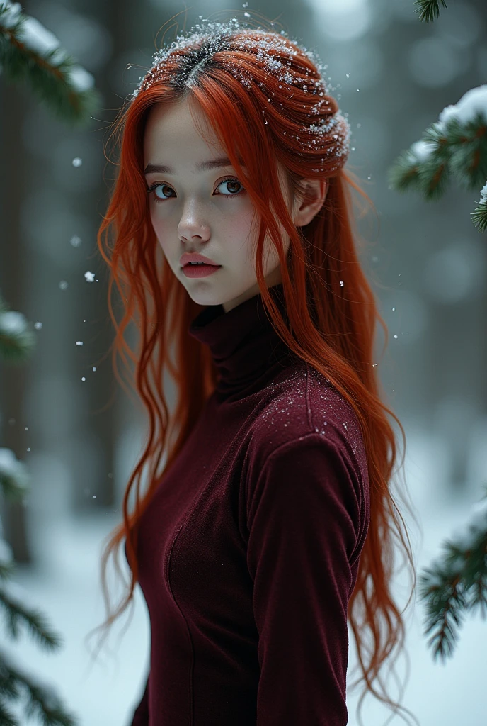 thin woman, loose hair dyed dark red, thin and small lips, Brown eyes, bushy eyebrows red high neck dress, in a snowy pine forest