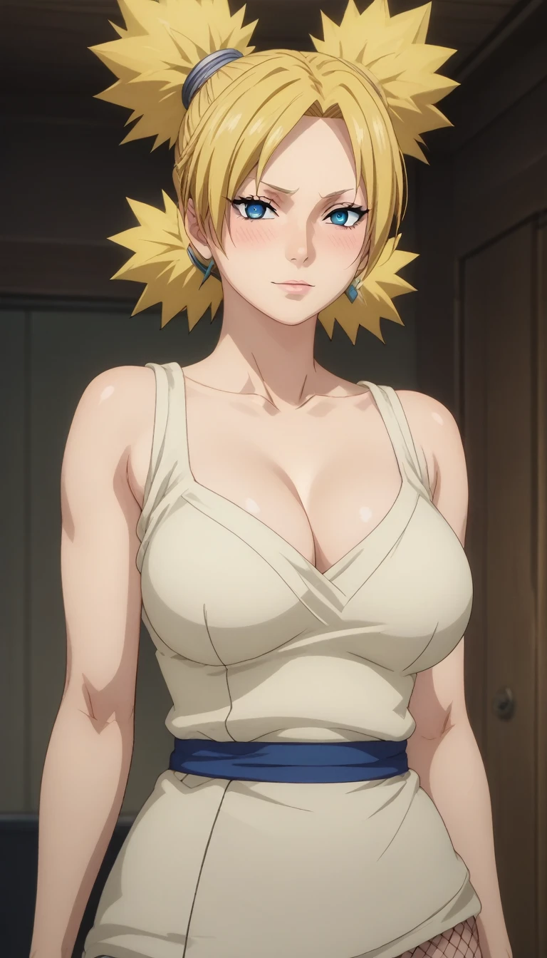 score_9, score_8_up, score_7_up, source_anime, anime screencap, one_piece_style, clear eyes, mature female, Temari Nara, blonde hair, blue eyes, eyes without pupils, medium erected breasts, perfect model body, mesh underwear, lewd look, blush, cleavage, bedroom, seductive pose