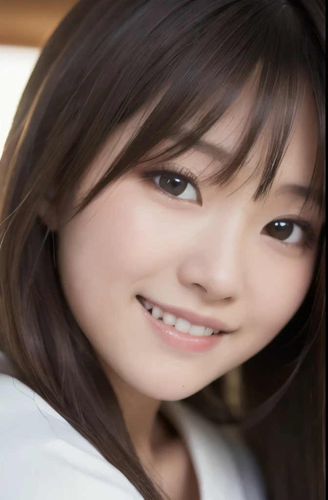 best quality, face focus, soft light, ultra high res, (photorealistic:1.4), RAW photo,(Shinozaki Ai), white skin, kawaii, 1 Japanese girl, solo, cute, (smile), (pupil, lights in the eyes), detailed beautiful face, busty,(high resolution detail of human skin texture), long hair,(portrait), upper body, white traditional kimono, bedroom