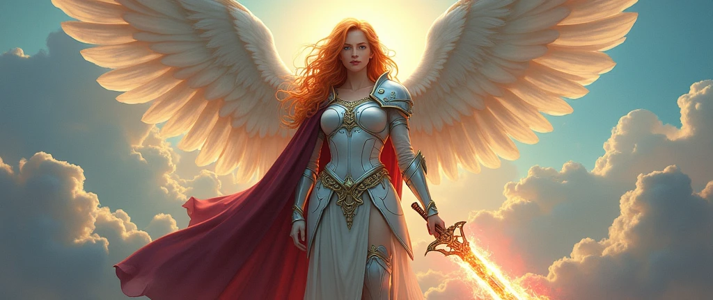 fantasy art, epic fantasy art,  a female angel standing guard in heaven, her wings spread wide, she holds a (fiery sword: 1.2), wearing intricate armor, white armor, she is wearing burgundy cloak, wearing high heeled boots, flowing cloak, most beautiful angel, (best detailed face: 1.5) orange hair, wavy hair, epic hair, blue eyes, ((glowing blue eyes: 1.3)),  heavenly clouds, rainbow background. divine rays, vibrant, Ultra-high resolution, High Contrast, (masterpiece:1.5), highest quality, Best aesthetics), best details, best quality, highres, ultra wide angle, 16k, [ultra detailed], masterpiece, best quality, (extremely detailed: 1.5),