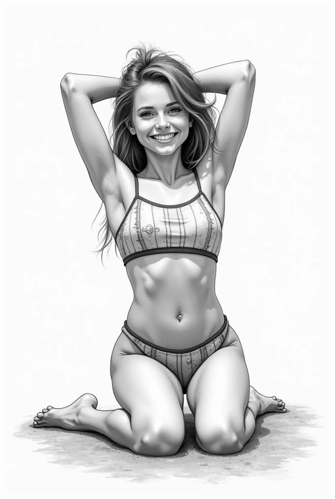 happy girl, beach, kneeling, spread legs, ass, soles, toes, monochrome sketch