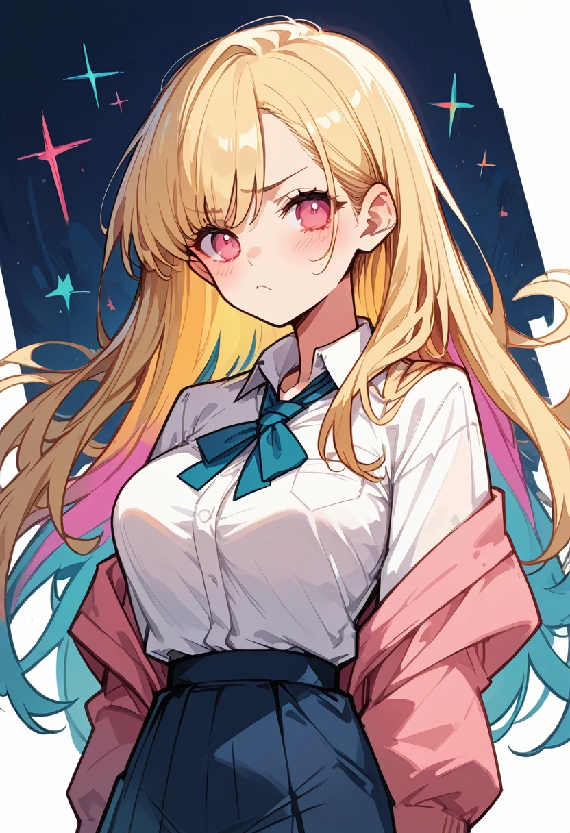 solo, One girl, high school girl,Large Breasts, Long Hair, Blonde, Colorful Hair, Pink eyes, pout, Blushing, Ears are red, Cowboy Shot, Aperture F2.8, Anime Style, masterpiece, High resolution, Anatomically correct, Highest quality, accurate,