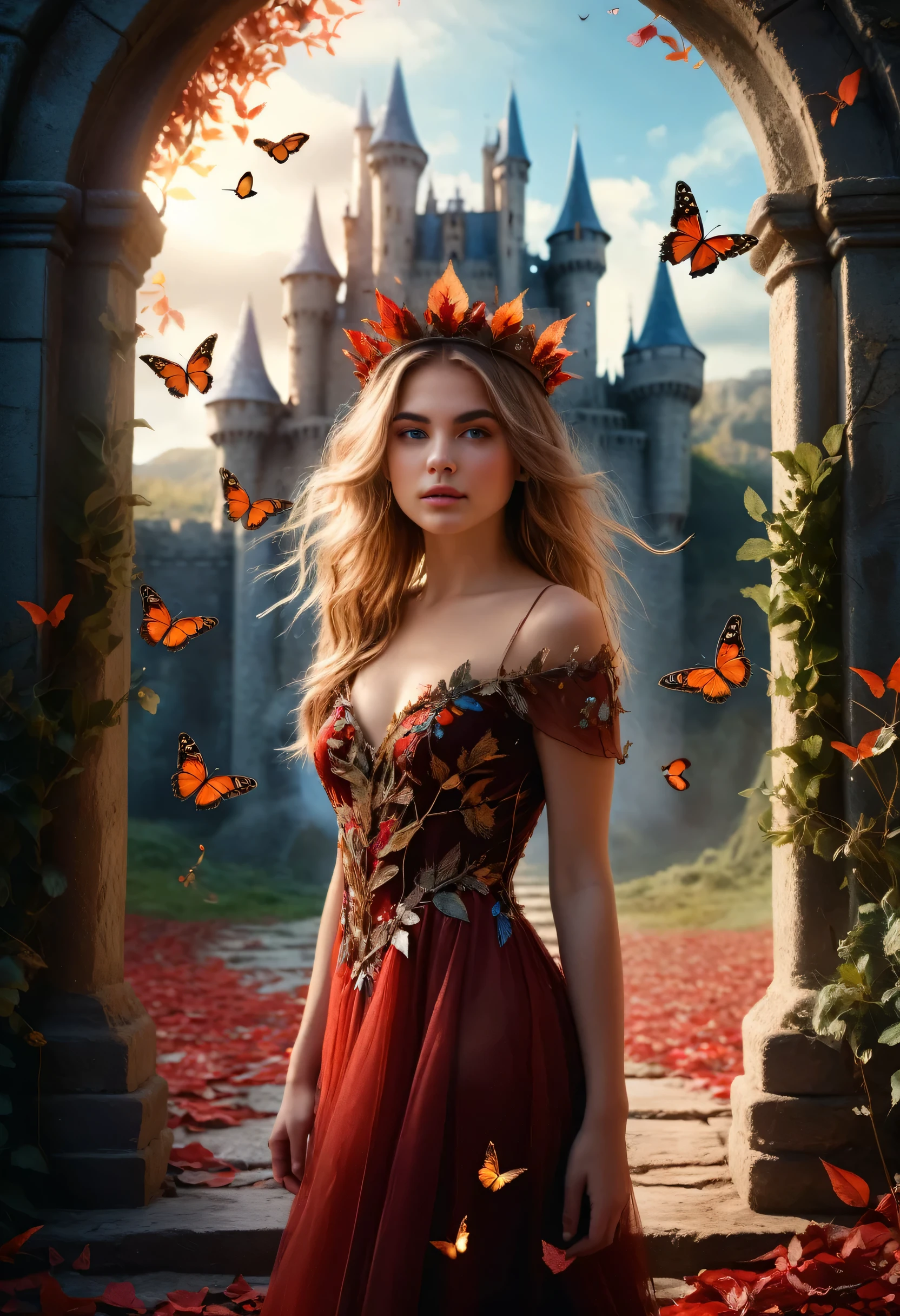 A dynamic knees-up pose of a beautiful 20-year-old woman with messy dark blonde hair, set in a mystical fantasy landscape. She is in front of a portal that leads to a magical castle, surrounded by an enchanting atmosphere. The woman has striking, detailed eyes and lips, with long eyelashes. She wears a crown of red leaves and a dress made of leaves and wildflowers, with butterflies and birds flying around her. The image is photorealistic and hyper-detailed, with intricate details, dramatic lighting, and a cinematic composition in 4K resolution.