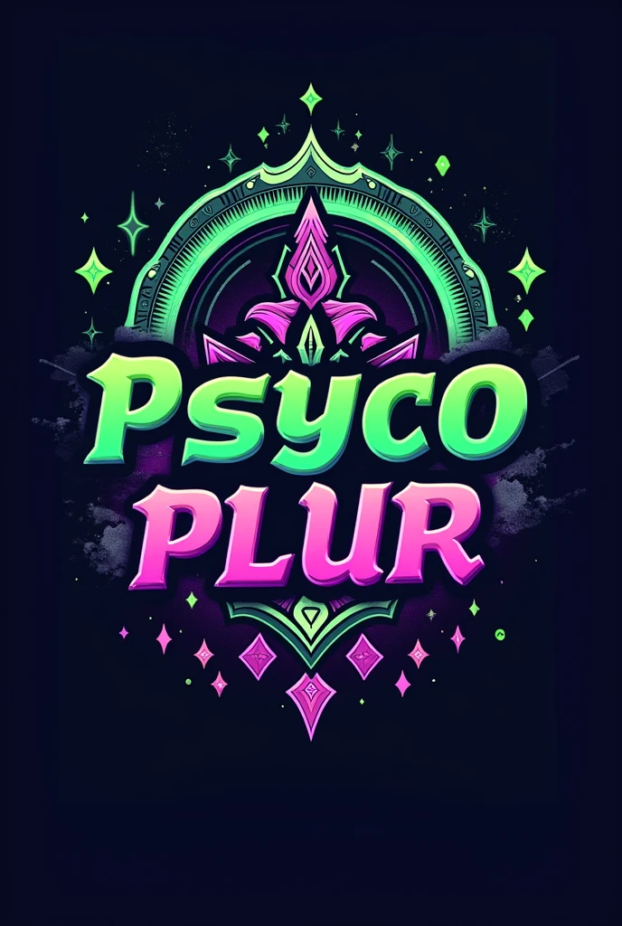 E-sports team logo for moba style game, with the name "Psyco Plur" written in neon green and purple in the foreground with the letter theme psytrance culture and rave parties, in the background with the Ohm symbol of Hinduism in large size.