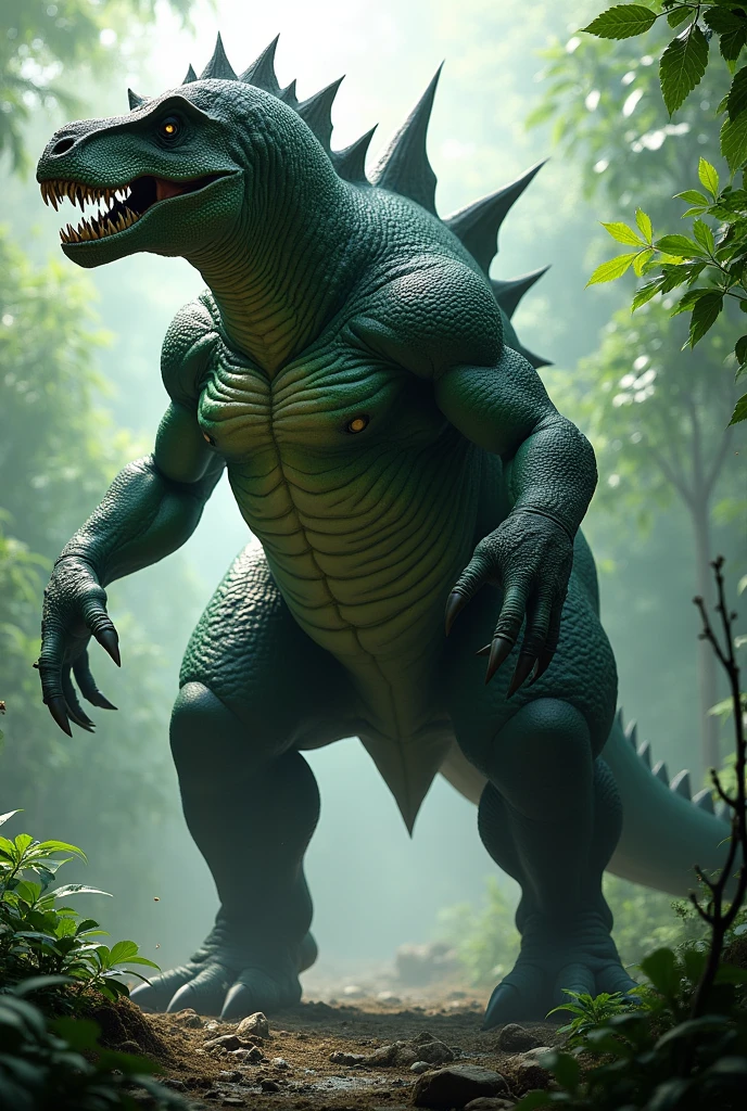 I want a half trex half triceratops creature with long strong arms, Your main colors should be dark green and black