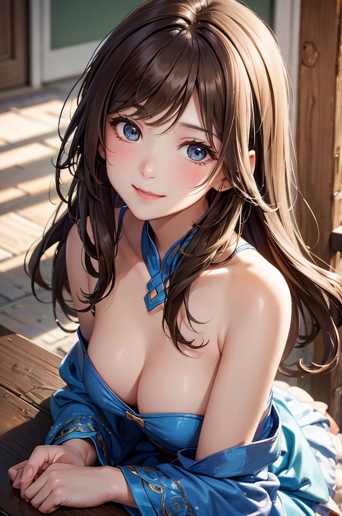 Best Quality,High resolution,8k,finelity detailed background,Masterpiece:1.2),beautiful girl,Shiny brown hair,messy hair,Brown eyes,Gentle look,A refreshing look,smile,Best quality,Best Quality,Aesthetic and aesthetic:1.2,Best details((Super detailed))(High-definition CG illustrations),China dress(blue),Slender body,Party Venue,smile,blush,cute,Scrounge,Looking up,Being spoiled,super model