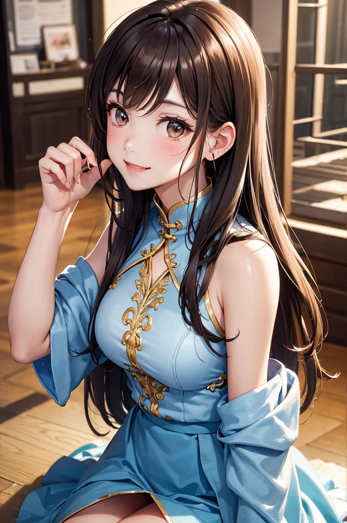 Best Quality,High resolution,8k,finelity detailed background,Masterpiece:1.2),beautiful girl,Shiny brown hair,messy hair,Brown eyes,Gentle look,A refreshing look,smile,Best quality,Best Quality,Aesthetic and aesthetic:1.2,Best details((Super detailed))(High-definition CG illustrations),China dress(blue),Slender body,Party Venue,smile,blush,cute,Scrounge,Looking up,Being spoiled,super model