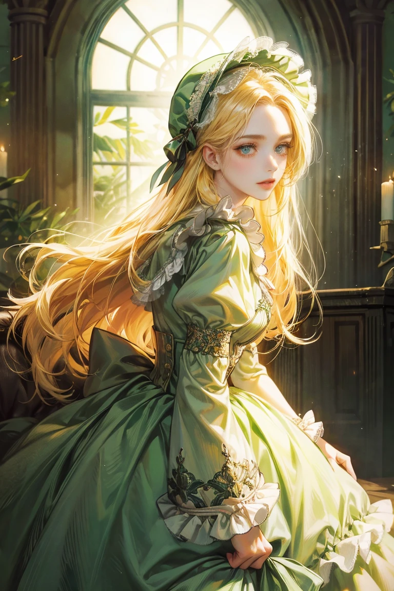 woman with long yellow hair, alone, looking at viewer, green eyes, Green dress with frills on the sleeves, Hair Bonnet Hat
