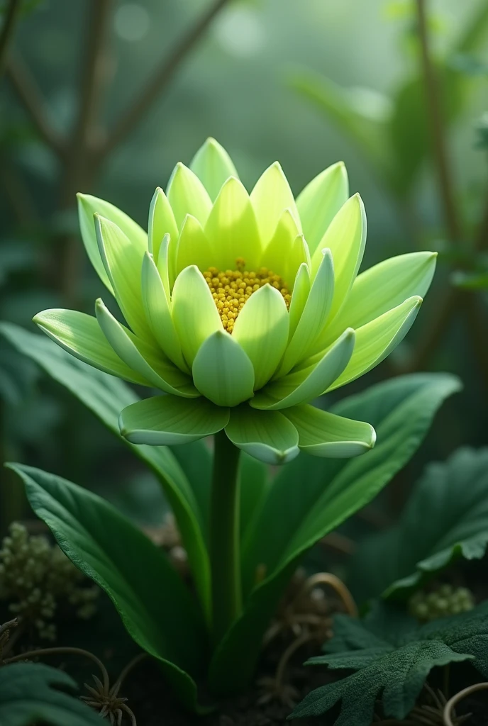 a single flower of 12 petals in green color with real natural background