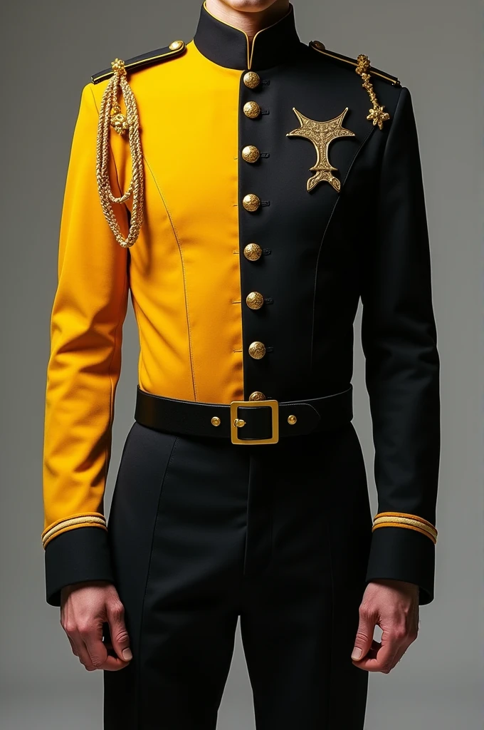 a long-sleeved men's marching band uniform with one side in yellow and the other in black, with buttons. With detail of the string on the left side.