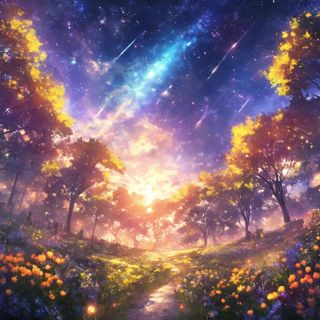 masterpiece, Concept Art, Panorama, in the center, shape, Wide Shot, garden, night, (meteor), Space galaxy background, (Great composition, Epic scale), ((No living organisms))、meteor群, Dynamic Lighting, Bright colors, Mimosa ,landscape、The entire starry sky of the galaxy，