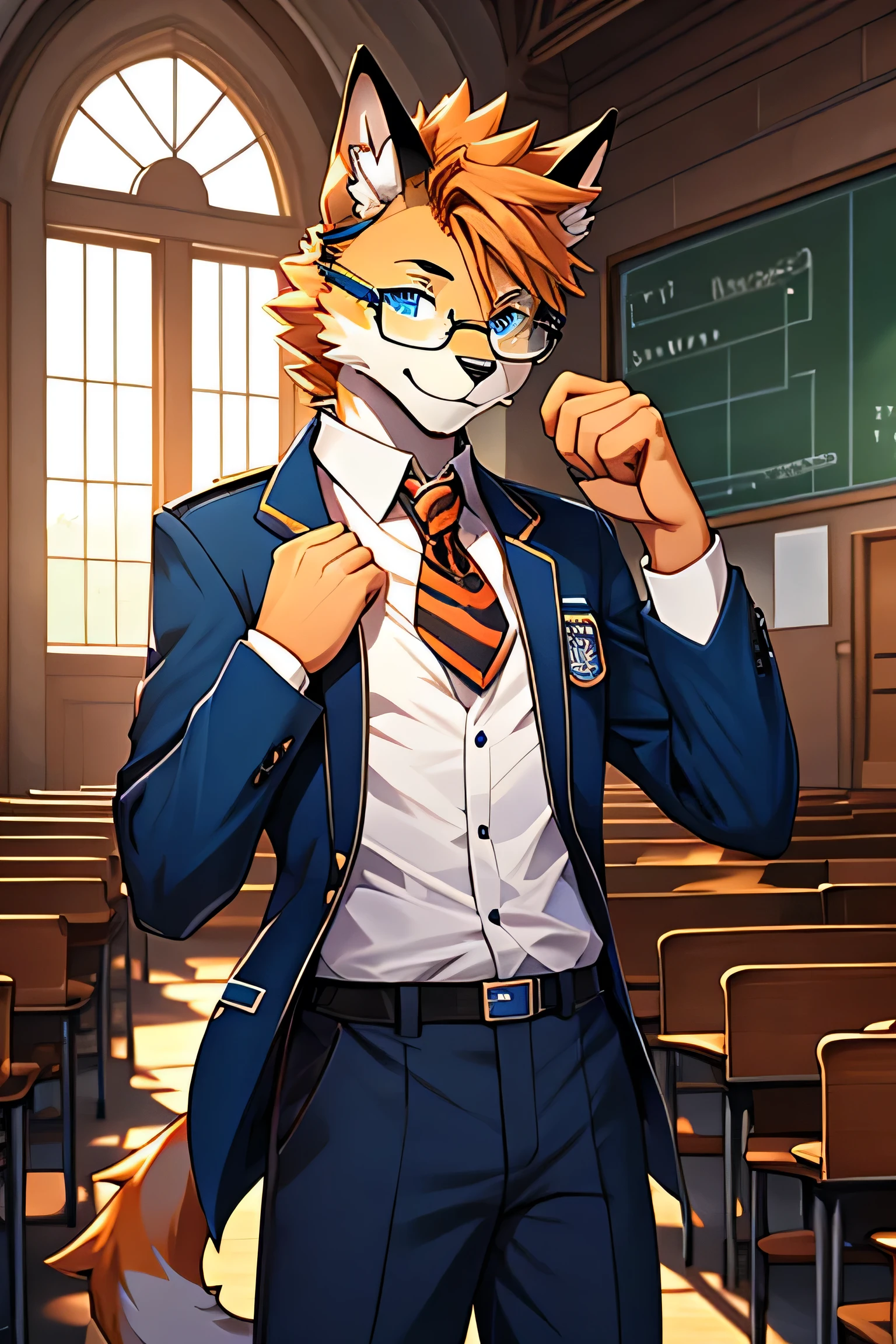 (Artwork), Highschool Theme, Best Quality, Detailed, HD Quality, Uniform, Highschool Nerd, Furry Anthro, Male Anthro, Slim Body, Twink Anthro, Masterpiece, Cat Furry, Orange Tabby, Blue Eyes, School hall, five fingers, Sweet Smile, Wear Nerdy Glasses