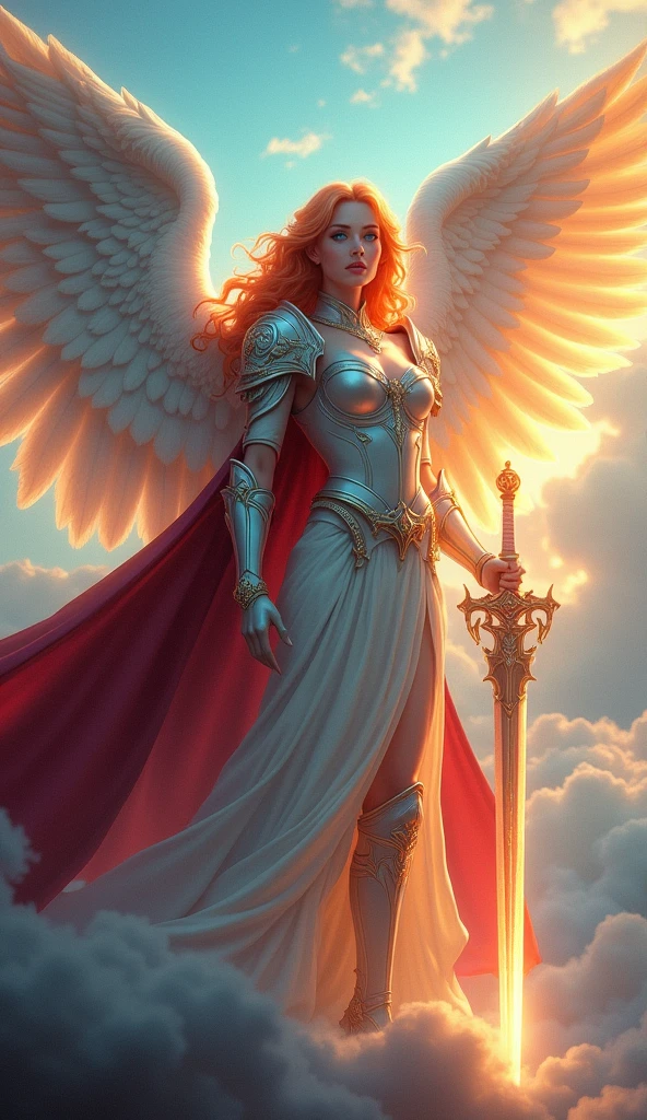 fantasy art, epic fantasy art,  a female angel standing guard in heaven, her wings spread wide, she holds a (fiery sword: 1.2), wearing intricate armor, white armor, she is wearing burgundy cloak, wearing high heeled boots, flowing cloak, most beautiful angel, (best detailed face: 1.5) orange hair, wavy hair, epic hair, blue eyes, ((glowing blue eyes: 1.3)),  heavenly clouds, rainbow background. divine rays, vibrant, Ultra-high resolution, High Contrast, (masterpiece:1.5), highest quality, Best aesthetics), best details, best quality, highres, ultra wide angle, 16k, [ultra detailed], masterpiece, best quality, (extremely detailed: 1.5),
