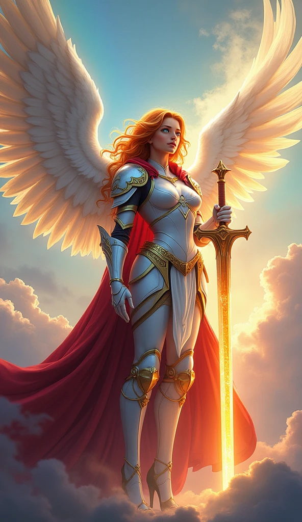 fantasy art, epic fantasy art,  a female angel standing guard in heaven, her wings spread wide, she holds a (fiery sword: 1.2), wearing intricate armor, white armor, she is wearing burgundy cloak, wearing high heeled boots, flowing cloak, most beautiful angel, (best detailed face: 1.5) orange hair, wavy hair, epic hair, blue eyes, ((glowing blue eyes: 1.3)),  heavenly clouds, rainbow background. divine rays, vibrant, Ultra-high resolution, High Contrast, (masterpiece:1.5), highest quality, Best aesthetics), best details, best quality, highres, ultra wide angle, 16k, [ultra detailed], masterpiece, best quality, (extremely detailed: 1.5),
