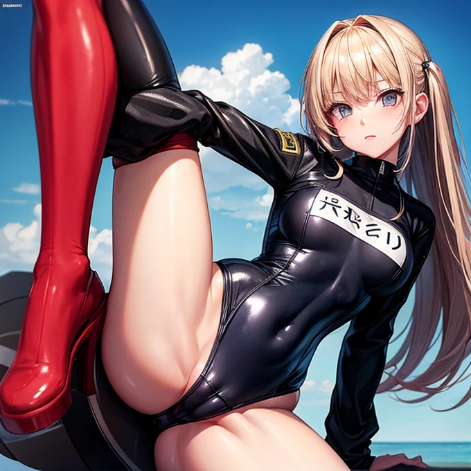 Woman with penis between her legs A woman wearing a uniform and a shiny black high-cut school swimsuit Spread your legs Vertical roll hair