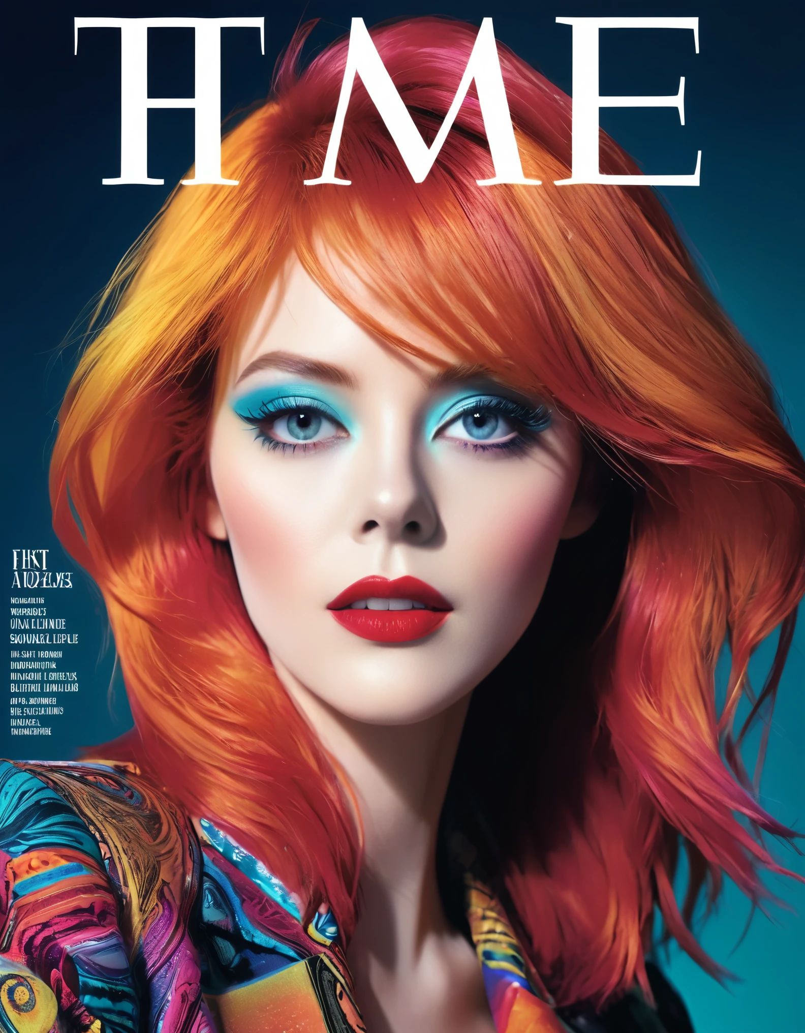 Magazine cover, esthetic, , (A girl with) vibrant colorful hair, Eye-catching pose, Rockstar, stylish clothes, Big star made up in the right eye in the style of David Bowie Blitz,  confident smile, Dynamic background, (Haute Couture),(realisti),(studio lighting), (best quality,4K,highres), (portrait), (best quality,4K,8k,highres,​masterpiece:1.2),Ultra-detail,(realisti,photorealisti,photo-realisti:1.37), Hyperrealisti Haut und Mund Nase Augen, glossy finish, bright colours, captivating design, Professional models, Iconic logo, Striking typography, Dynamic layout, eye-catching headlines, Fashion Forward, Avant-garde style, innovative concepts, influential personalities, Trend-setting fashion,  Modern lifestyle, cultural influence, timeless charm, stylish rockstar accessories, glamorous photo shoots, international appeal, Diverse perspectives, High-Fashion-Editorials, Exclusive interviews, first-class journalism, exquisite craftsmanship, visual storytelling, captivating cover story, captivating images, iconic fashion brands, Avantgardistisches Make-up, luxurious fabrics, elegant patterns, High quality printing, sophisticated layout, Trendprognose, inspiring pictures, breathtaking artistic direction, Required reading.