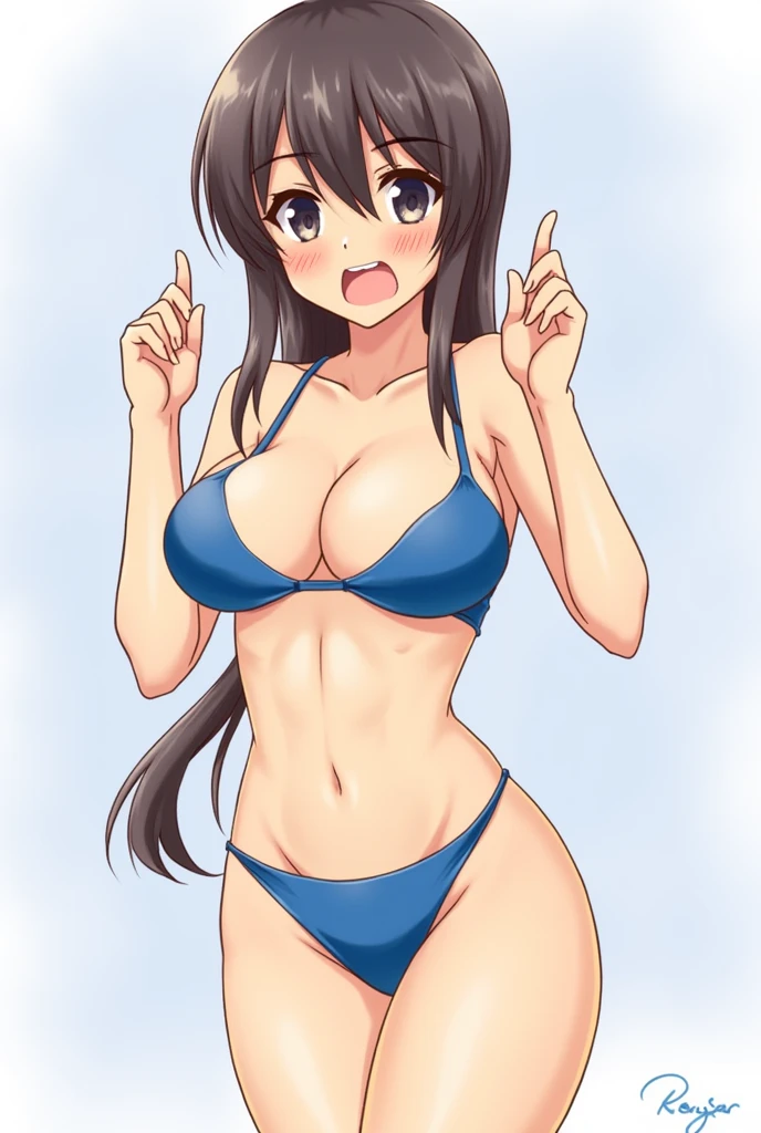 masterpiece, best quality, 1girl, koito minase, v, hourglass figure, tight blue bikini, cleavage, large breasts, visible nipples, blushing, embarassed, flushed, tsundere expression, slightly angry,