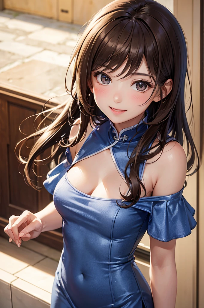 Best Quality,High resolution,8k,finelity detailed background,Masterpiece:1.2),beautiful girl,Shiny brown hair,messy hair,Brown eyes,Gentle look,A refreshing look,smile,Best quality,Best Quality,Aesthetic and aesthetic:1.2,Best details((Super detailed))(High-definition CG illustrations),China dress(blue),Slender body,Party Venue,smile,blush,cute,Scrounge,Looking up,Being spoiled,super model