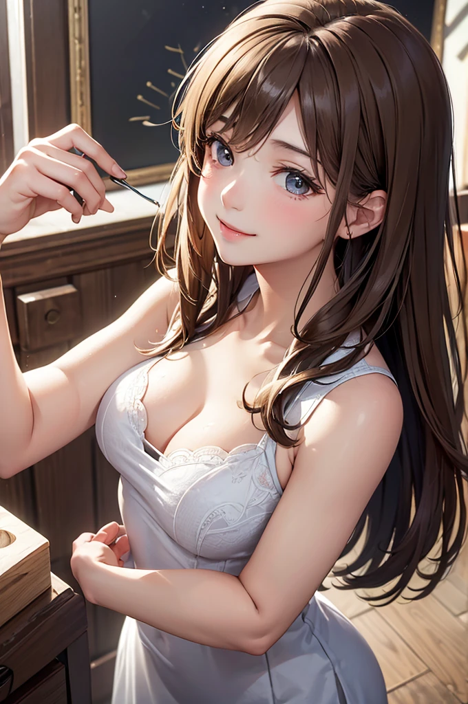 Best Quality,High resolution,8k,finelity detailed background,Masterpiece:1.2),beautiful girl,Shiny brown hair,messy hair,Brown eyes,Gentle look,A refreshing look,smile,Best quality,Best Quality,Aesthetic and aesthetic:1.2,Best details((Super detailed))(High-definition CG illustrations),China dress(blue),Slender body,Party Venue,smile,blush,cute,Scrounge,Looking up,Being spoiled,super model