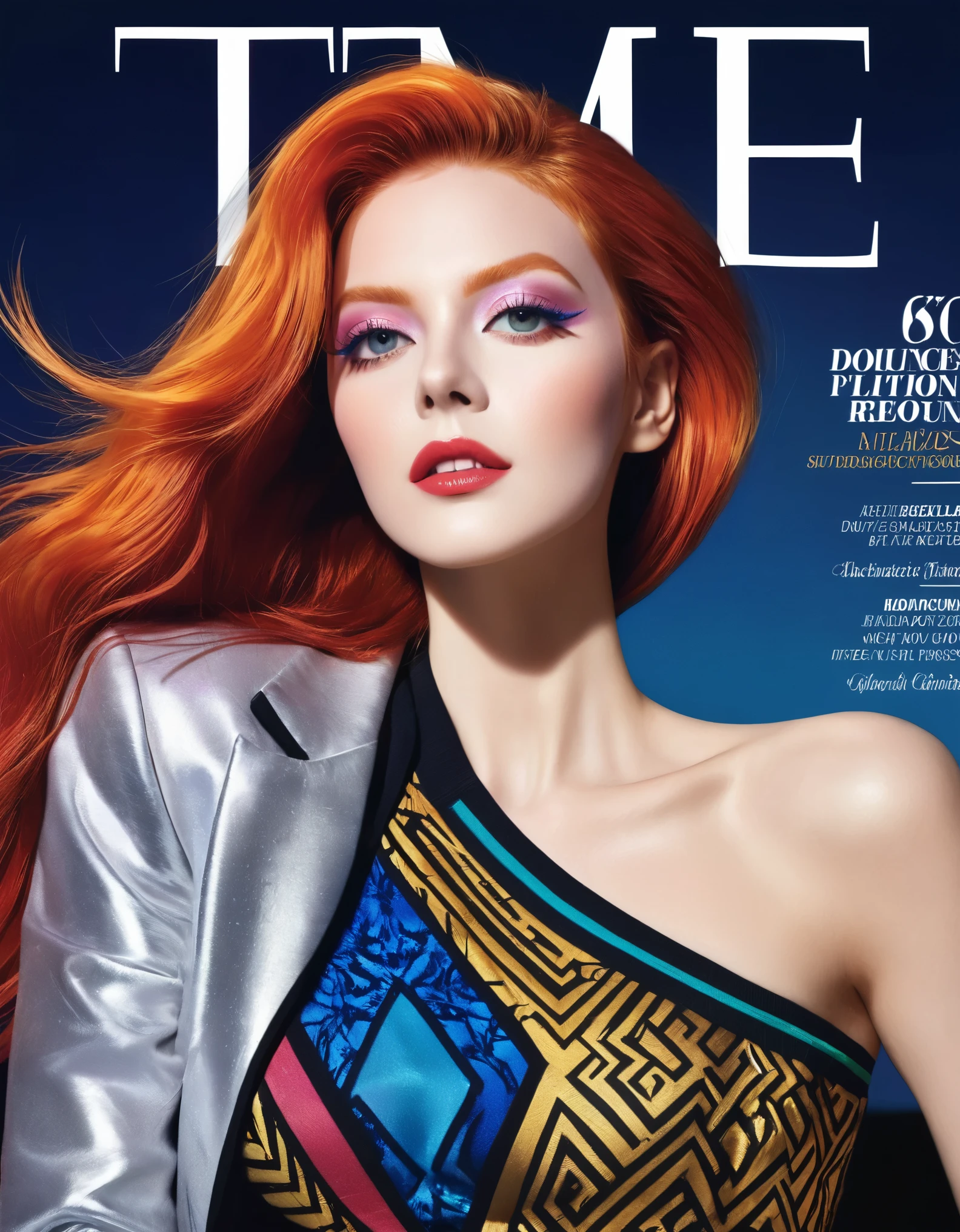 Magazine cover, esthetic, , (A girl with) vibrant colorful hair, Eye-catching pose, Rockstar, stylish clothes, Big star made up in the right eye in the style of David Bowie Blitz,  confident smile, Dynamic background, (Haute Couture),(realisti),(studio lighting), (best quality,4K,highres), (portrait), (best quality,4K,8k,highres,​masterpiece:1.2),Ultra-detail,(realisti,photorealisti,photo-realisti:1.37), Hyperrealisti Haut und Mund Nase Augen, glossy finish, bright colours, captivating design, Professional models, Iconic logo, Striking typography, Dynamic layout, eye-catching headlines, Fashion Forward, Avant-garde style, innovative concepts, influential personalities, Trend-setting fashion,  Modern lifestyle, cultural influence, timeless charm, stylish rockstar accessories, glamorous photo shoots, international appeal, Diverse perspectives, High-Fashion-Editorials, Exclusive interviews, first-class journalism, exquisite craftsmanship, visual storytelling, captivating cover story, captivating images, iconic fashion brands, Avantgardistisches Make-up, luxurious fabrics, elegant patterns, High quality printing, sophisticated layout, Trendprognose, inspiring pictures, breathtaking artistic direction, Required reading.