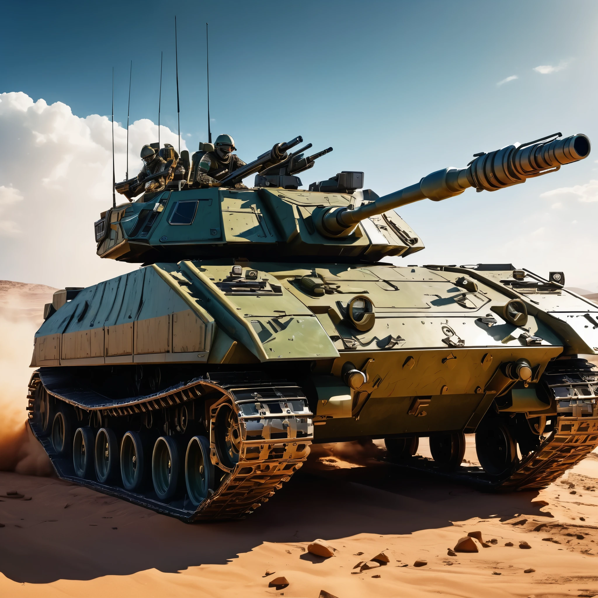 a heavily armored tank, futuristic military vehicle, advanced battle machine, steel armor plating, imposing presence, powerful engine, treads gliding over rugged terrain, turret rotating with precision, cannon barrel gleaming, military-grade technology, complex machinery, cutting-edge weaponry, (best quality,4k,8k,highres,masterpiece:1.2),ultra-detailed,(realistic,photorealistic,photo-realistic:1.37),military science fiction,dramatic lighting,high contrast,cinematic composition