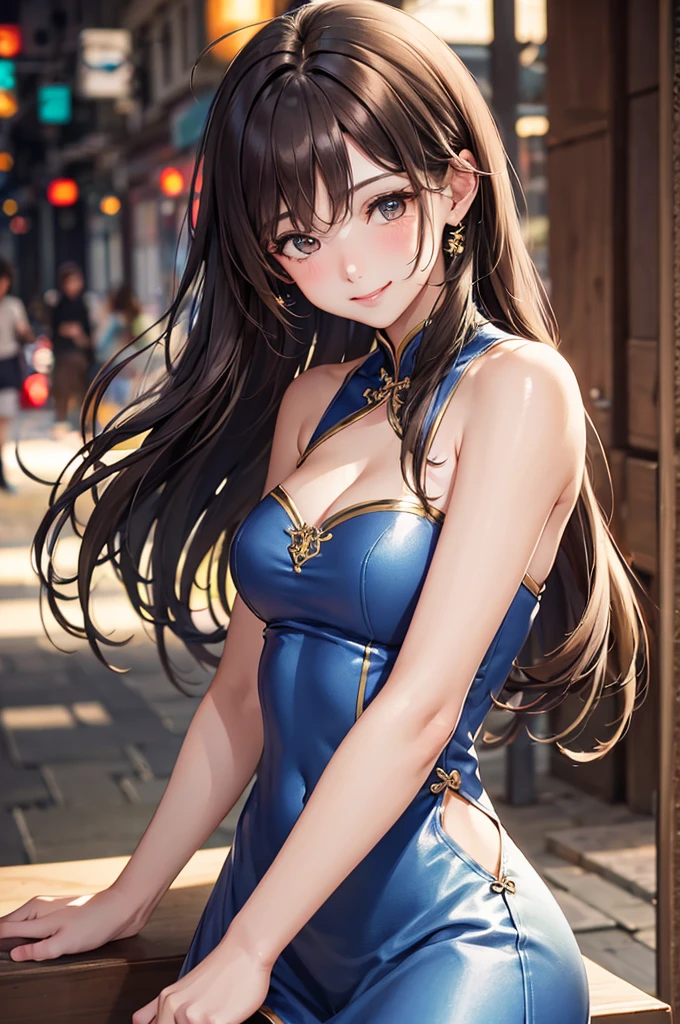 Best Quality,High resolution,8k,finelity detailed background,Masterpiece:1.2),beautiful girl,Shiny brown hair,messy hair,Brown eyes,Gentle look,A refreshing look,smile,Best quality,Best Quality,Aesthetic and aesthetic:1.2,Best details((Super detailed))(High-definition CG illustrations),China dress(blue),Slender body,Party Venue,smile,blush,cute,Scrounge,Looking up,Being spoiled,super model