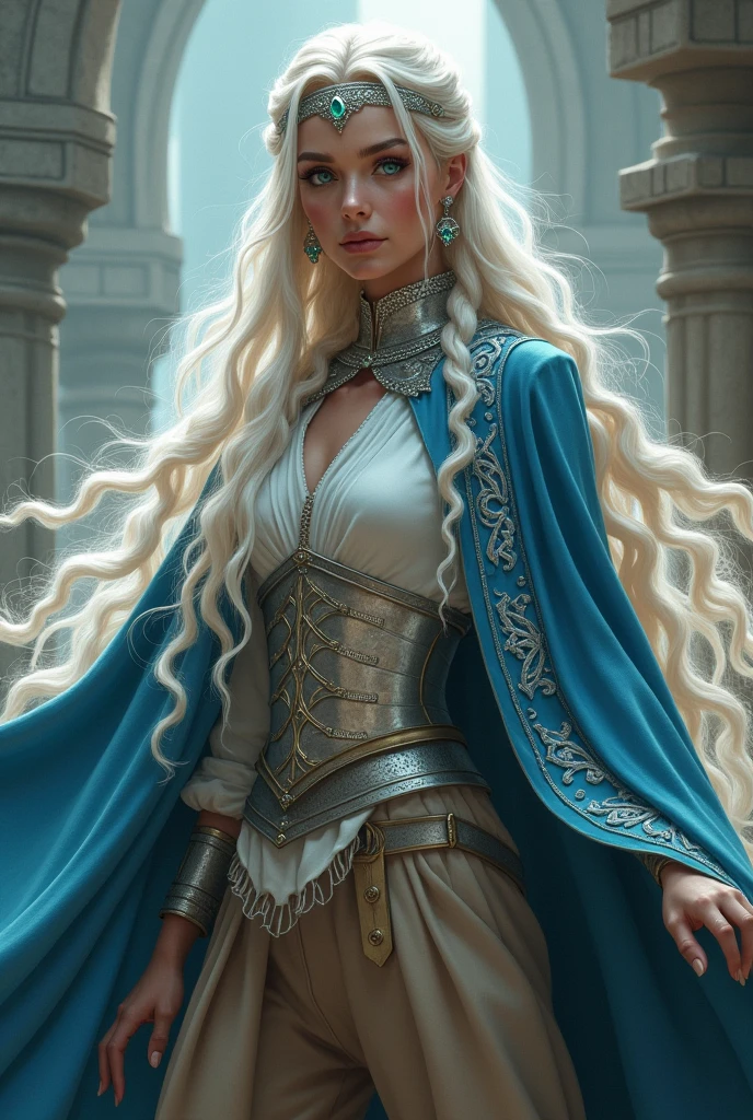 Sorceress with long white braided hair,lilac colored eyes, wears white shirt and light brown pants with silver breastplate and blue cape with silver embroidery Wears emerald-set silver collar a headband and earrings