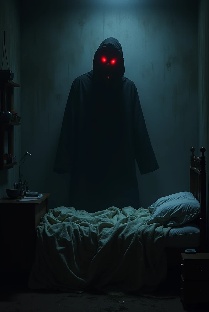 A shadowy figure lurking in the corner of a dimly lit 's bedroom. The figure is indistinct, with glowing red eyes and elongated, claw-like fingers. The room is filled with toys and a small bed, but everything seems slightly off, as if something sinister is watching. The only light comes from a nightlight casting eerie shadows on the walls, enhancing the sense of dread.

