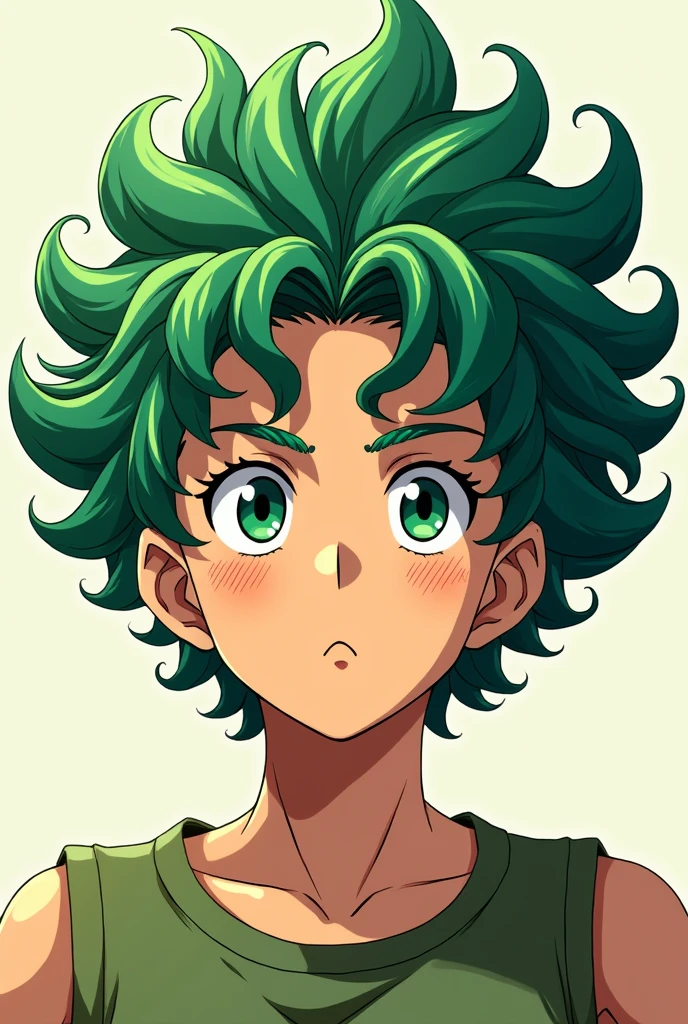 Deku, Curly green haired man with braid crown of the same color as his hair and several freckles anime format