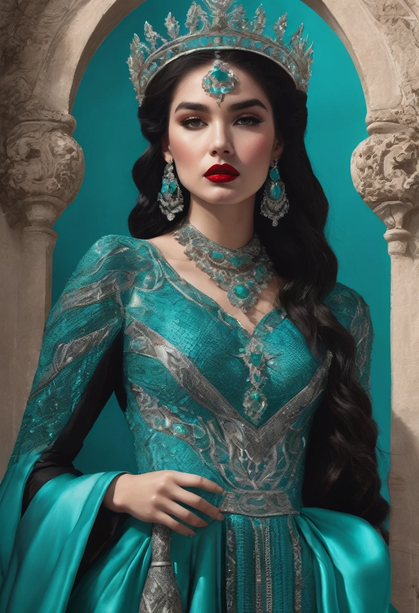 20 year old woman, White skin color, red lips, Brown eyes, long black hair, with a voluminous long sleeve dress bright turquoise color, with a silver crown of diamonds, using a black snake-shaped cane.