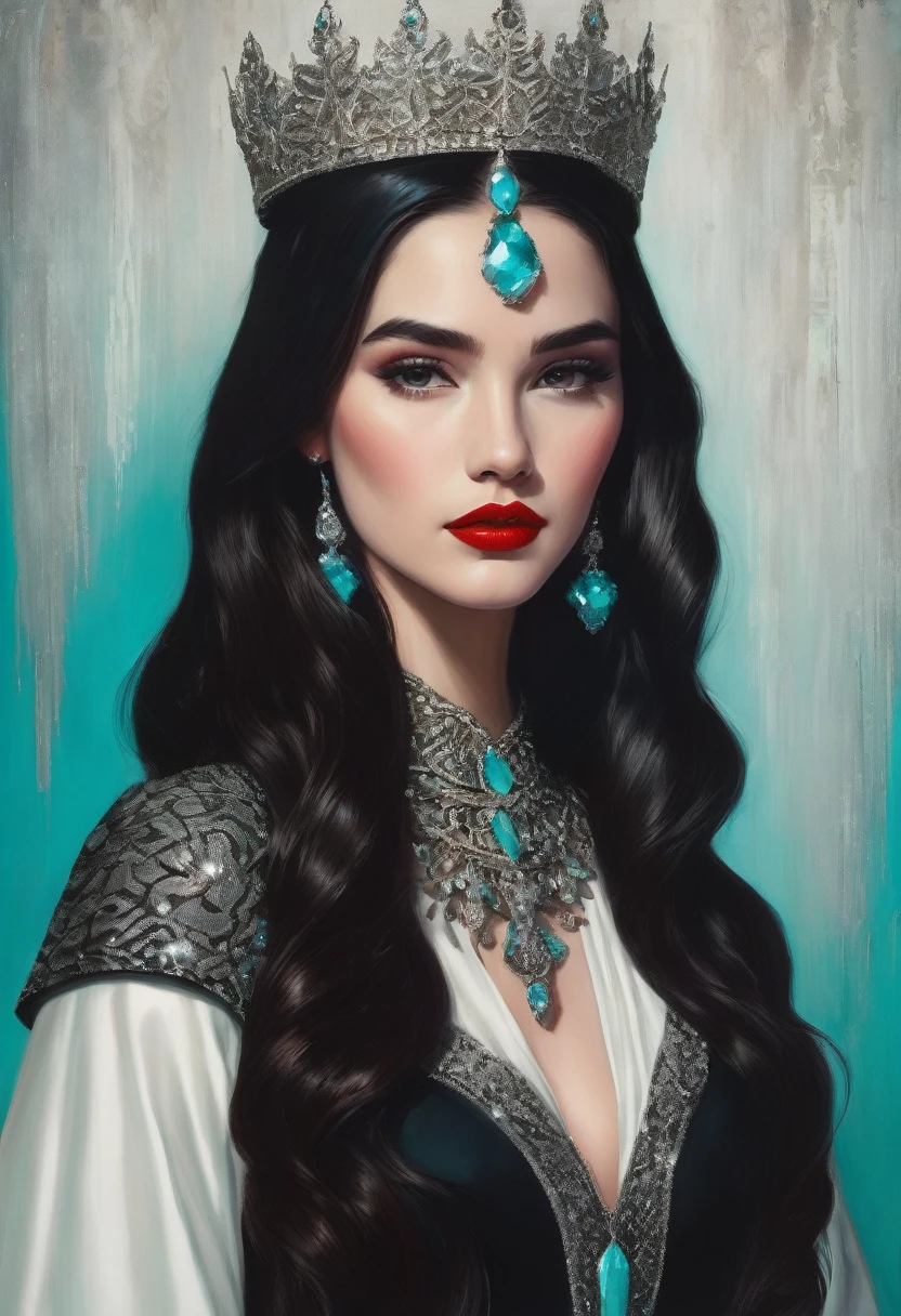 20 year old woman, White skin color, red lips, Brown eyes, long black hair, with a voluminous long sleeve dress bright turquoise color, with a silver crown of diamonds, using a black snake-shaped cane.