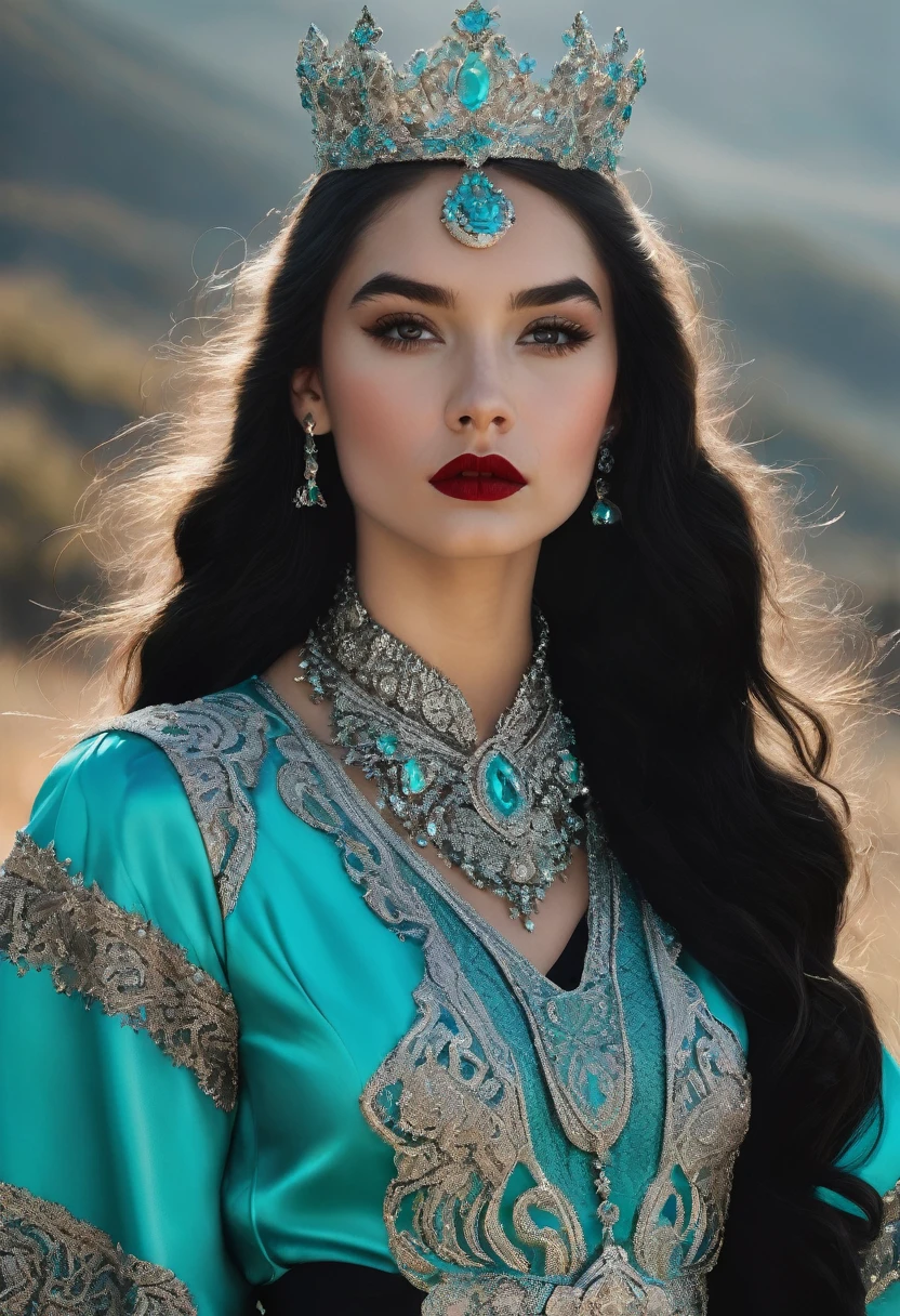 20 year old woman, White skin color, red lips, Brown eyes, long black hair, with a voluminous long sleeve dress bright turquoise color, with a silver crown of diamonds, using a black snake-shaped cane.