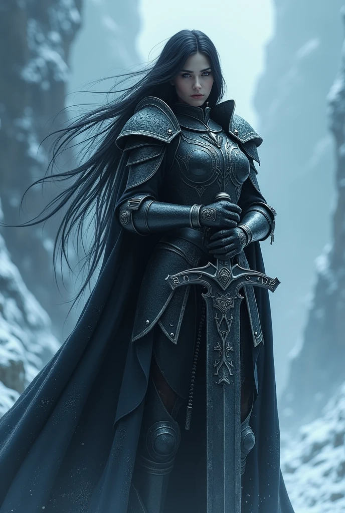 A knight of death, Woman, no estilo world of Warcraft, with long black hair, in a freezing environment, carrying a large black steel sword with runes.