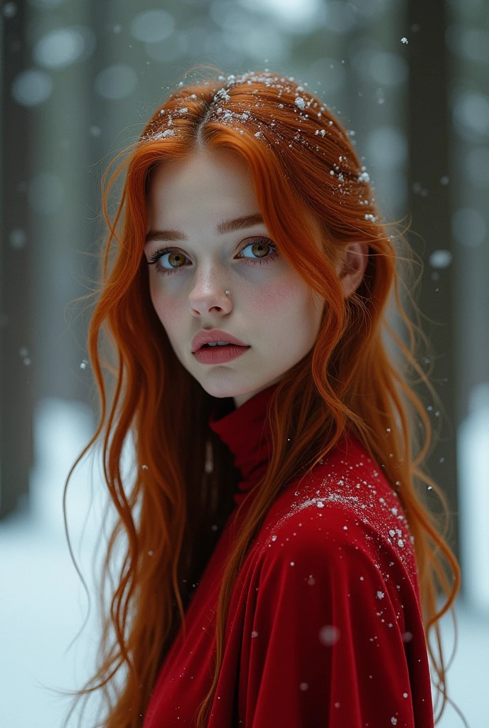 thin woman, loose red hair, thin lips, Brown eyes, bushy eyebrows, red high neck dress, in a snowy pine forest