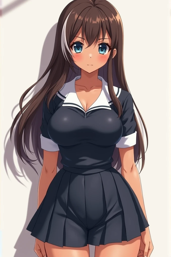 Draw a cute Realistic anime girl, with huge breasts, brown skin, blue eyes, long brown hair with a white lock, wearing a tight school uniform. 