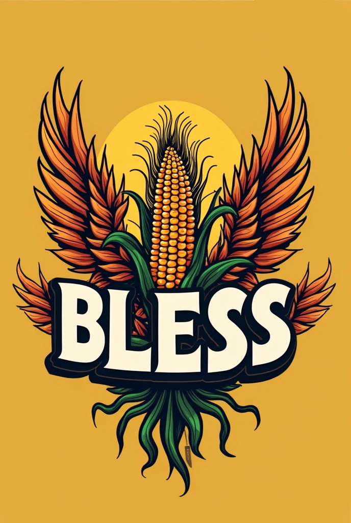 LOGO WITH THE NAME BLESS, INCLUDES CORN BACKGROUND, SKEWERS AND WINGS