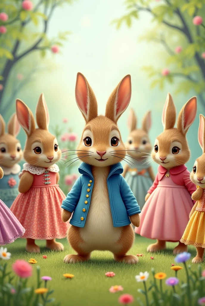 Peter rabbit in seven different  dresses 