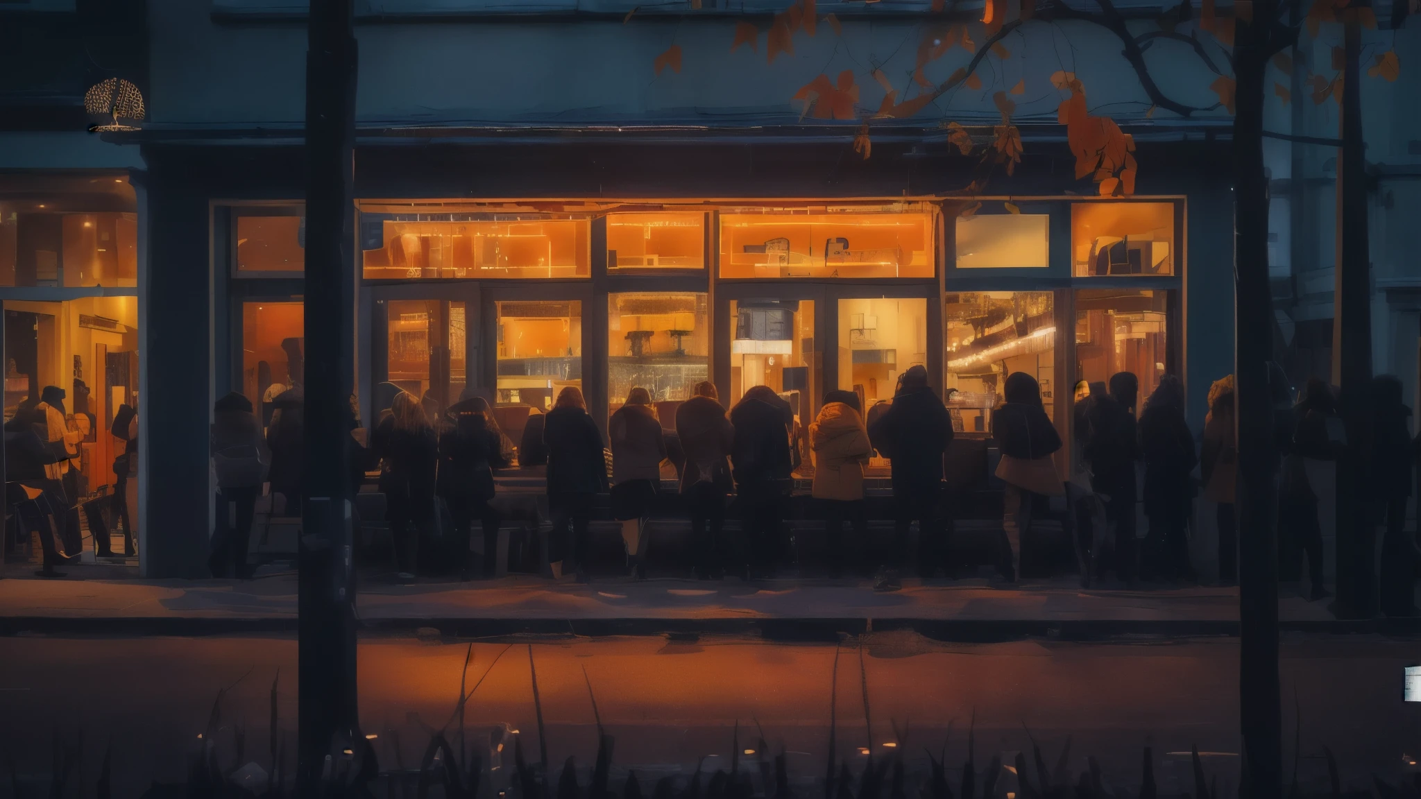 real professional night shot of a modern restaurant façade, illuminated by orange neon lights, seen from a street. The restaurant is packed with customers, who line up in front of the glass windows, suggesting a vibrant and welcoming atmosphere. People are dressed in winter coats, suggesting a cold evening. The outside environment is slightly illuminated by street lights and spotlights, with contrasting shades of blue and orange. Trees with few leaves, indicating a fall or winter season, are in the foreground, creating a natural frame for the scene. The interior of the restaurant is visible through the windows, showing a well-lit and welcoming space. The warm lighting inside contrasts with the cold outside, creating an attractive visual effect. The depth of field is moderate, keeping both the details of the exterior and interior of the restaurant in focus. The image's color palette is dominated by warm shades of orange and cool blues, with small details in white and yellow to balance the composition. The photograph should capture extreme detail, with a high-quality rendering in 8k, with professional photographic quality and attention to detail that conveys the realism of the exterior of a busy restaurant, soft and diffused lighting.