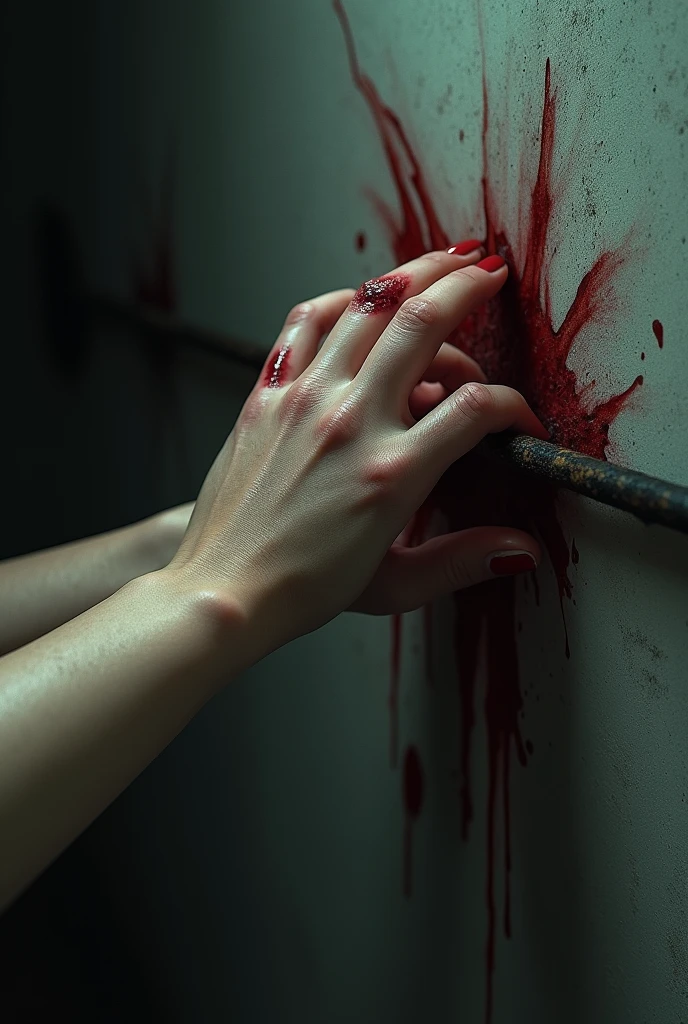 A pair of feminine hands interacts with a very thick arrow embedded horizontally in a wall. One hand is pierced through and stuck midway on the arrow, unable to slide off due to its thickness. The other hand, also injured and bleeding, is trying to pull the trapped hand free. Blood is visible around both wounds, emphasizing the severity of the situation. The background is dark and ominous, highlighting the painful consequence of curiosity. The scene shows the hands struggling with desperation and pain, clearly depicting the thickness of the arrow and the impossibility of freeing the trapped hand.
