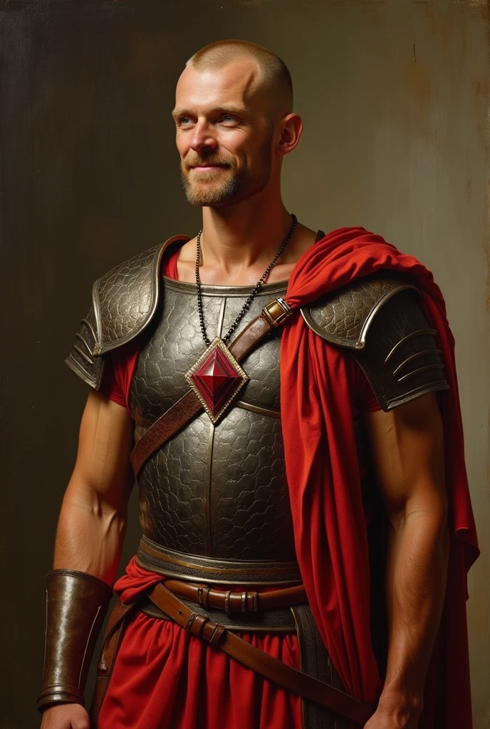  {{Masterpiece, best quality, by John Singer Sargent, full oil painting, muted colors}}, (((((dramatic half body portrait of a 40 years old male ancient Roman soldier, solemn, valiant, tall, upright, brown skin, skinny, blonde, smiling, goatee, buzzcut))))). ((((he is wearing a brown and red, silken, Roman uniform, scale armor lorica, made of sheen alligator leather, with samurai inspired elements, ronin inspired elements, wearing a large red diamond shape pendant)))).