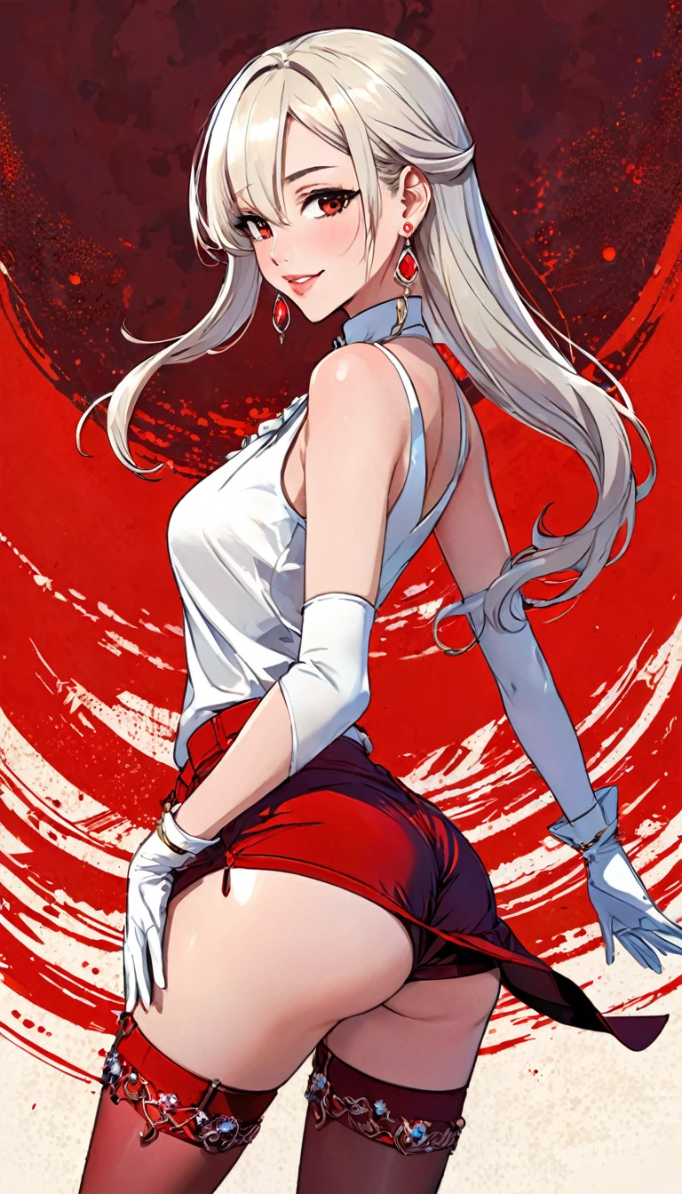 From behind, on her knees, with her long hair flying in the wind and her left hand pointing to the sky, the anime girl is a solitary presence. Jeweled earrings and white gloves adorn her wrists. Her thigh straps peek out from under her shorts and pantyhose, she smiles and looks at the viewer. Her sleeveless blouse exposes her shoulders and her lips speak. Max Detailed Textures, Max Detailed Shadows, Max Detailed Backgrounds, Full Body, Sinozick Style, Sinozick Style, RED Theme, Intricate Line Drawing, Bill Sienkiewicz Inspired Art.

