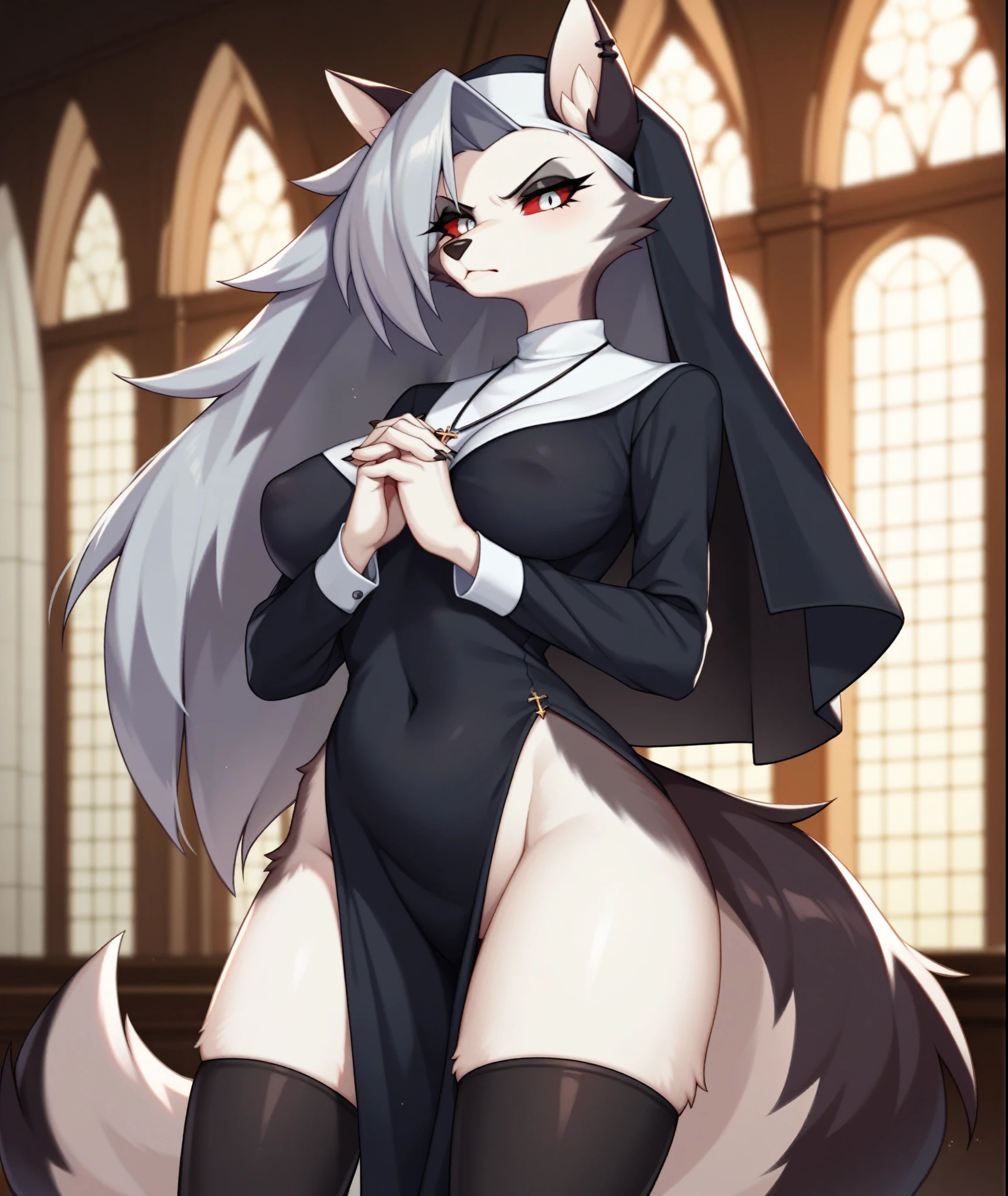 score_9,score_8_up,score_7_up, source_cartoon, kemono style, Anthro furry hellhound, loona from helluva boss, white hair, furry body, white eyes, red sclera, tail, she looks serious, wearing nuns outfit, nun hat, skimpy nun dress, exposed leg, thigh high socks, praying, palms together, hands together, standing, in a demonic church