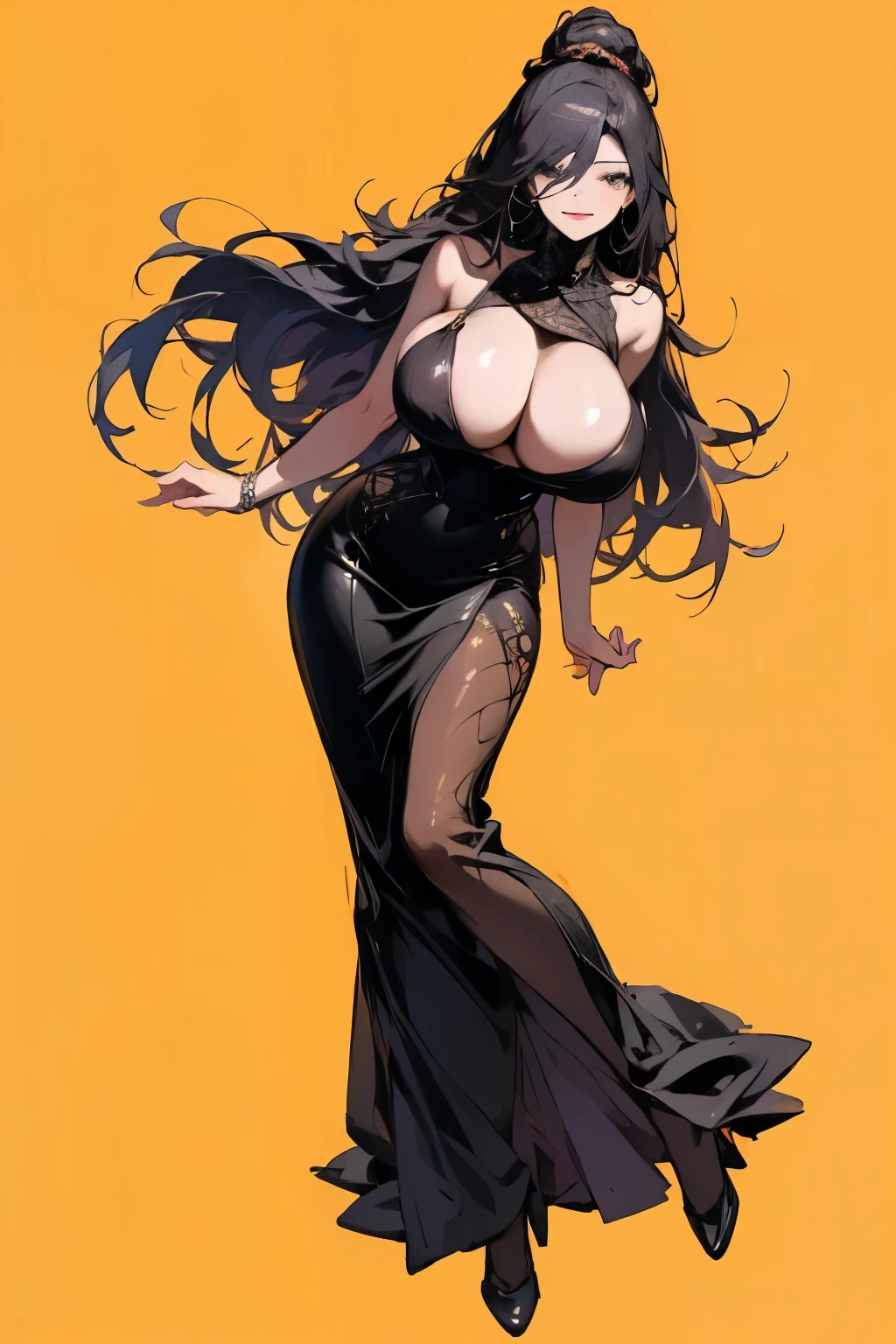 (Top Quality, 8K, Masterpiece: 1.3)), (1 person: 1.4), 1girl, Japan woman, Goddess, 35 years old, portrait photography, high contrast, divine perspective, aperture F1.2, focal length 24mm, (full body: 1.2), smile, photo pose, fine lace, slip dress, simple cut dress, huge boobs,brand dress, simple cut, long black hair, hair tying, ultra detailed skin details, Detailed fabric texture