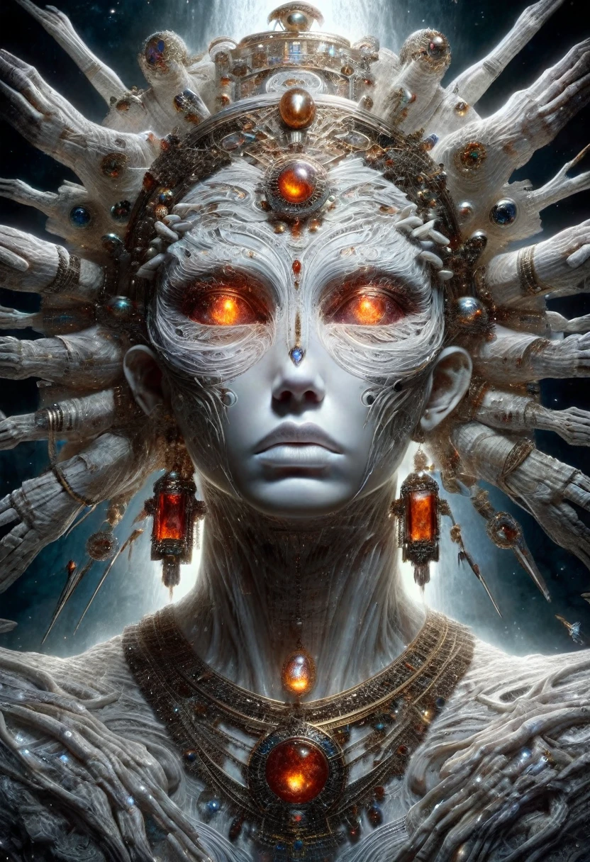 Masterpiece, an insanely detailed photograph of an elaborate beautiful half-human half-alien goddess glossy lipstick intricate glistening white skin face bright eyes, many hands and arms, glistening in the starlight, long voluminous hair mosaic ivory_white orange red dress hyperdetailed painting by Ismail Inceoglu Tom Bagshaw and Dan Witz CGSociety ZBrush Central fantasy art album cover art 4K  megapixels 8K resolution HDR Greek light colours celestial big intricate headpiece and amulet and jewels that glow