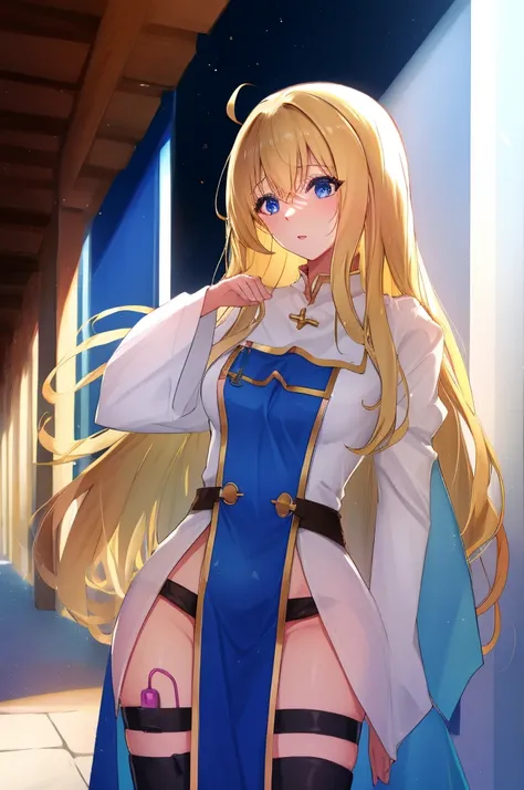 priestess, blonde hair, blue eyes, long hair, hair between eyes,vibrator in thighhighs thighvibe