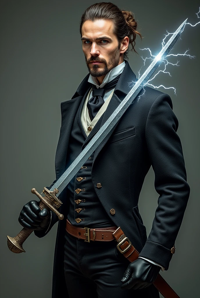 a man in Victorian-era clothing. with goatee and tied hair. holding a saber-type sword with hand guard and a short sword. the swords are magical and a silver thread of electricity runs through the blade. the man appears to be a fast and skilled warrior.