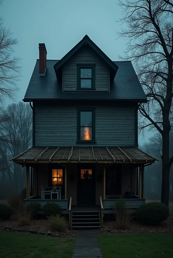 A haunted house, with a ghost in one of the windows. A bamboo canopy at the back of the house.