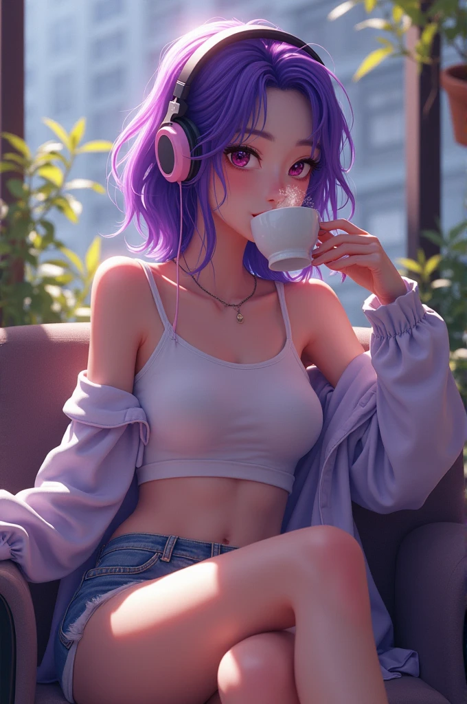 Korean purple hair butterfly woman with headphone drinking coffee in shorts and crop top 